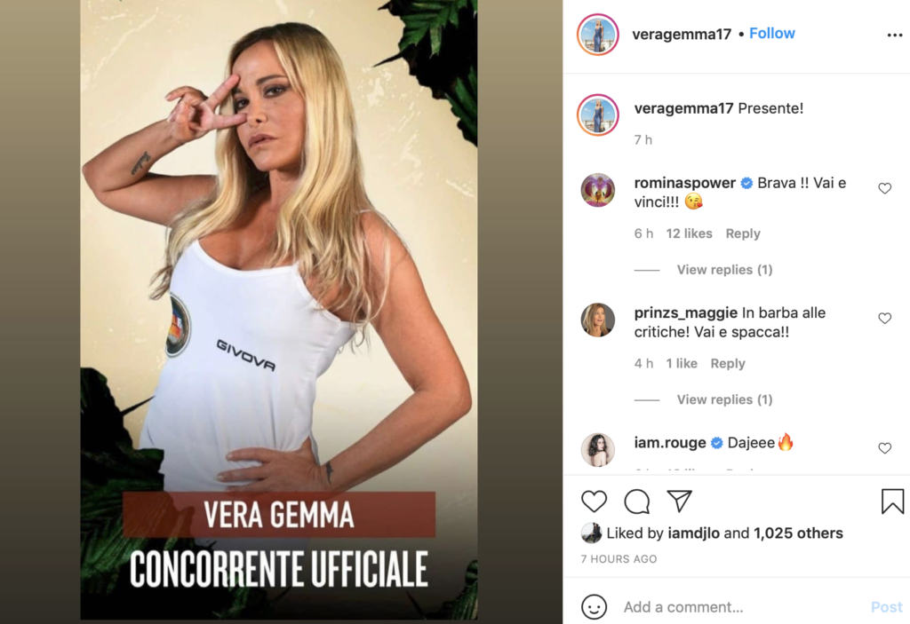 Vera Gemma ha un profilo Instagram che conta quasi 20mila follower